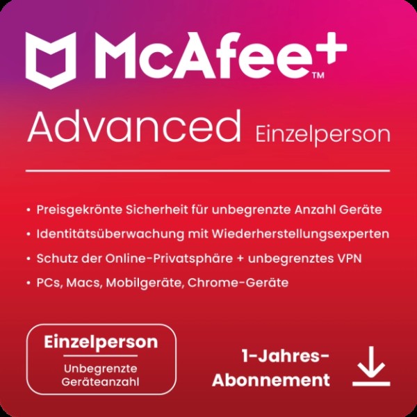 McAfee+ ADVANCED Individual Security - 1 Nutzer / Unbegrenzte-Geräte / 1 Jahr